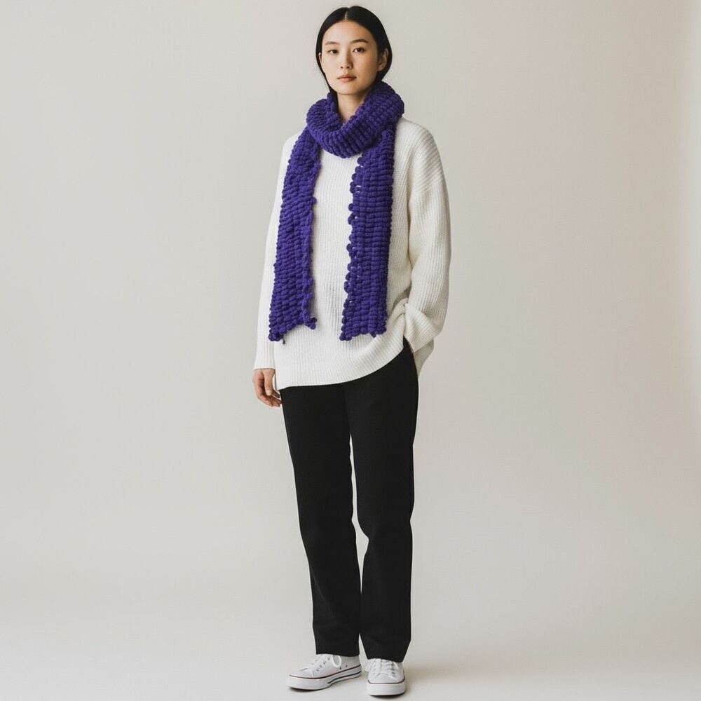 Handmade Chunky Knit Long Scarf Solid Purple, Cozy & Stylish Winter Wrap